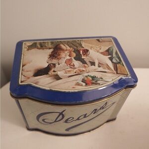 Vintage Blue Decorative Tin Box Pears tea tin kitchen storage kitten puppy child